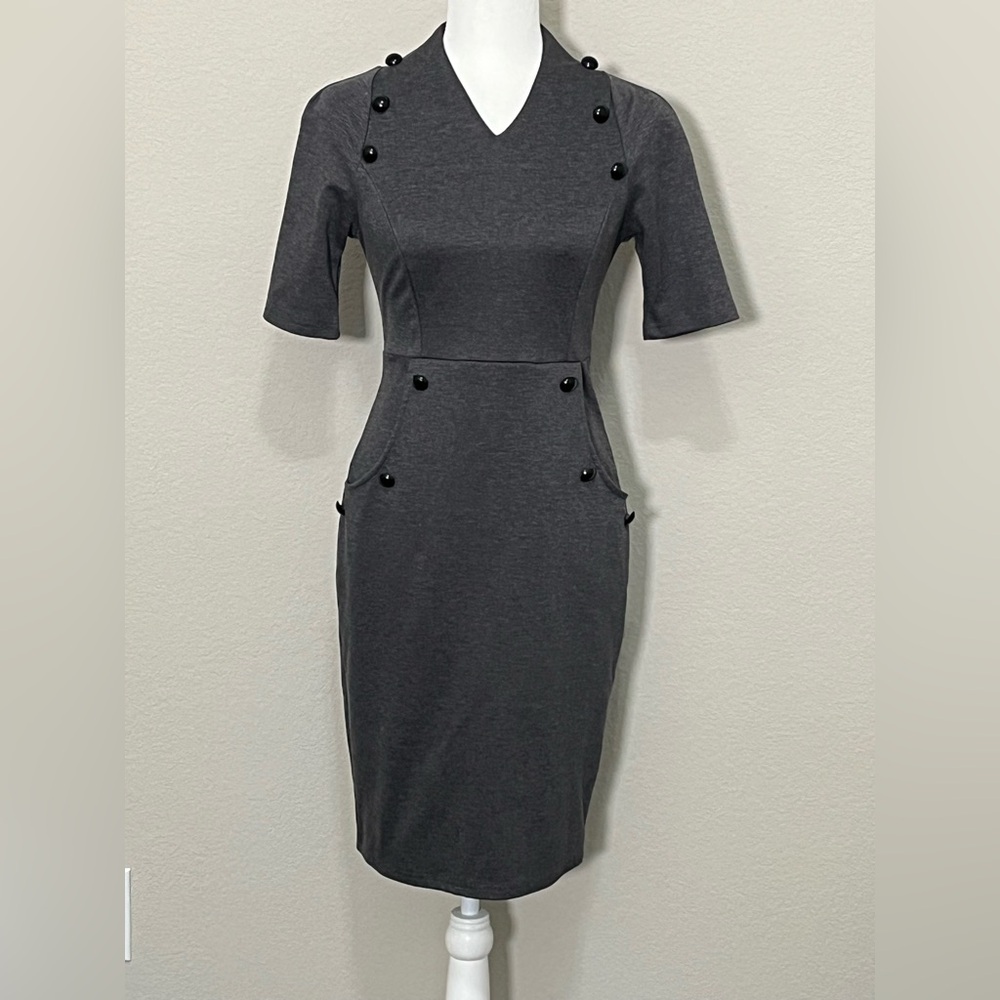 Grace Karin Gray Old Money Double Breasted Button Wiggle Pencil Dress Size S - Picture 15 of 16